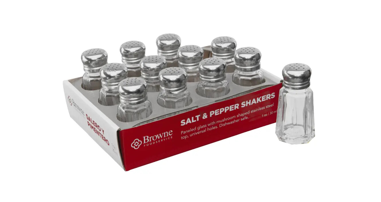 Browne Foodservice 2 oz Glass Paneled Shaker w/ Stainless Steel Top - 1 Doz