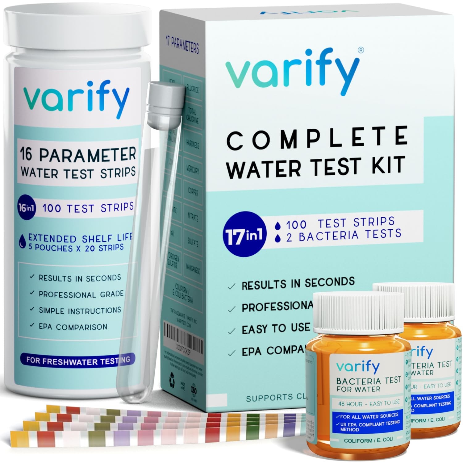 17in1 Complete Drinking Water Test Kit - 100 Strips + 2 Bacteria Tester Kits ...