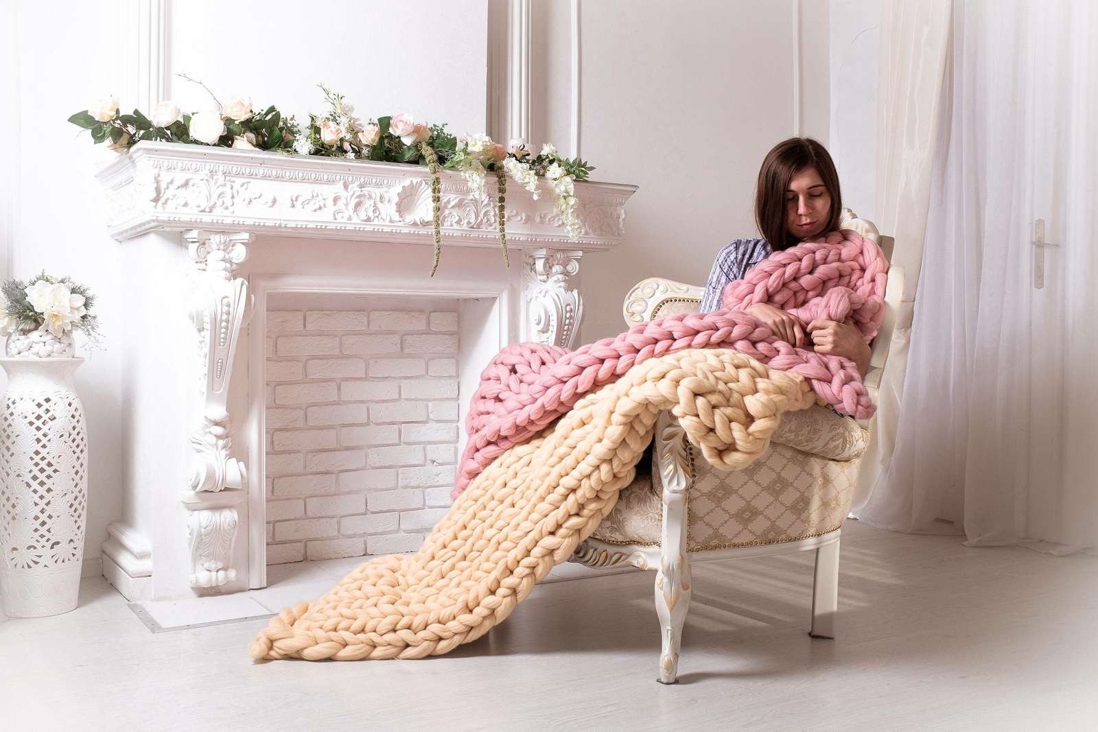 Chunky Knit Blanketl 40" x 60" Throw Twin Merino Blanket Giant Knit, Chunky Wool