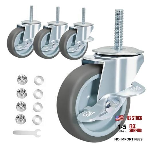 3-inch Threaded-Shaft Casters (Set of 4) with Dual-Lock Brakes; Heavy-Duty Grey