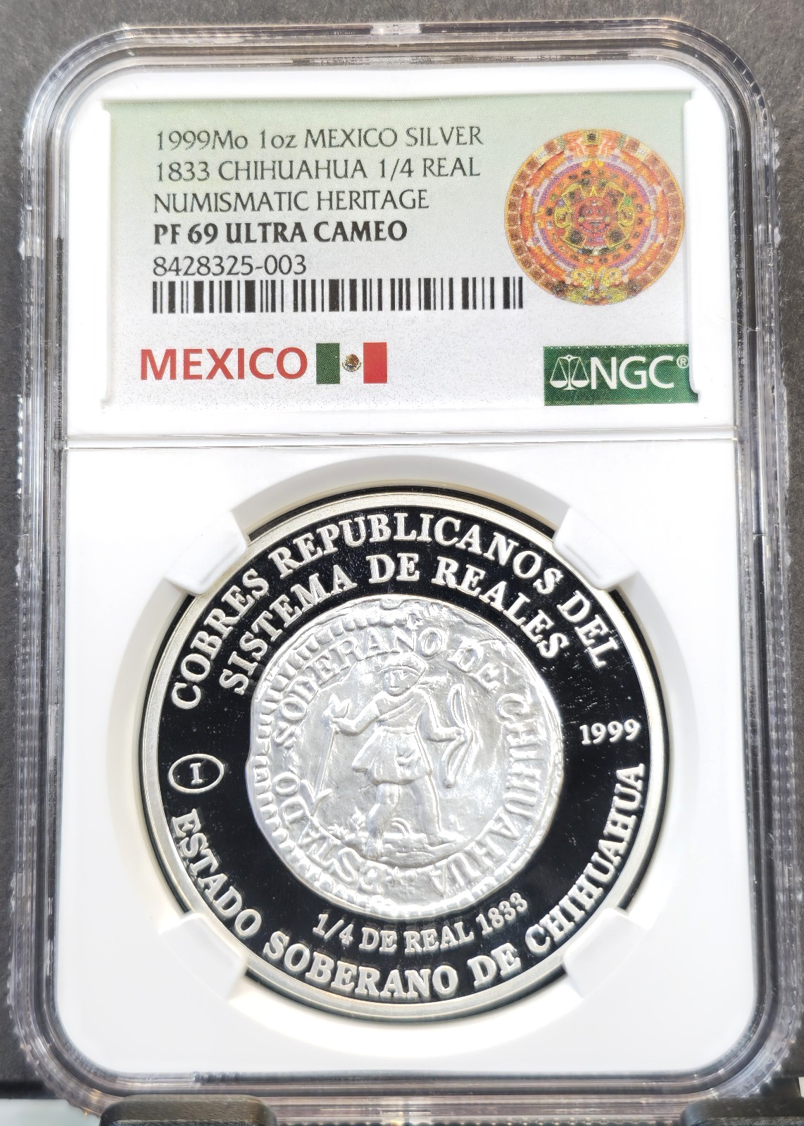 1999 MEXICO SILVER 1833 CHIHUAHUA 1/4 REAL NGC PF 69 ULTRA CAMEO RARE TOP POP