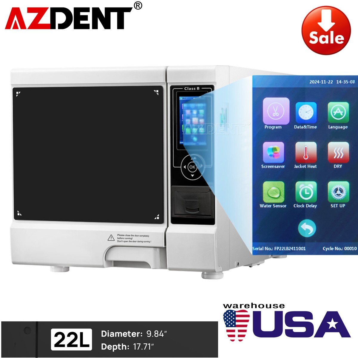22L Dental Autoclave Steam Sterilizer Class B Medical Vacuum Sterilization USA