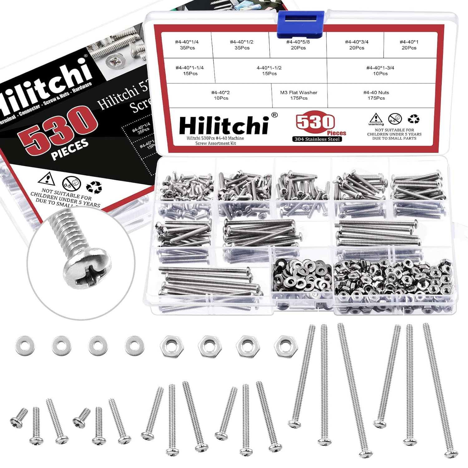 530Pcs #4-40 Machine Screw Assortment Kit, Stainless Steel with Case