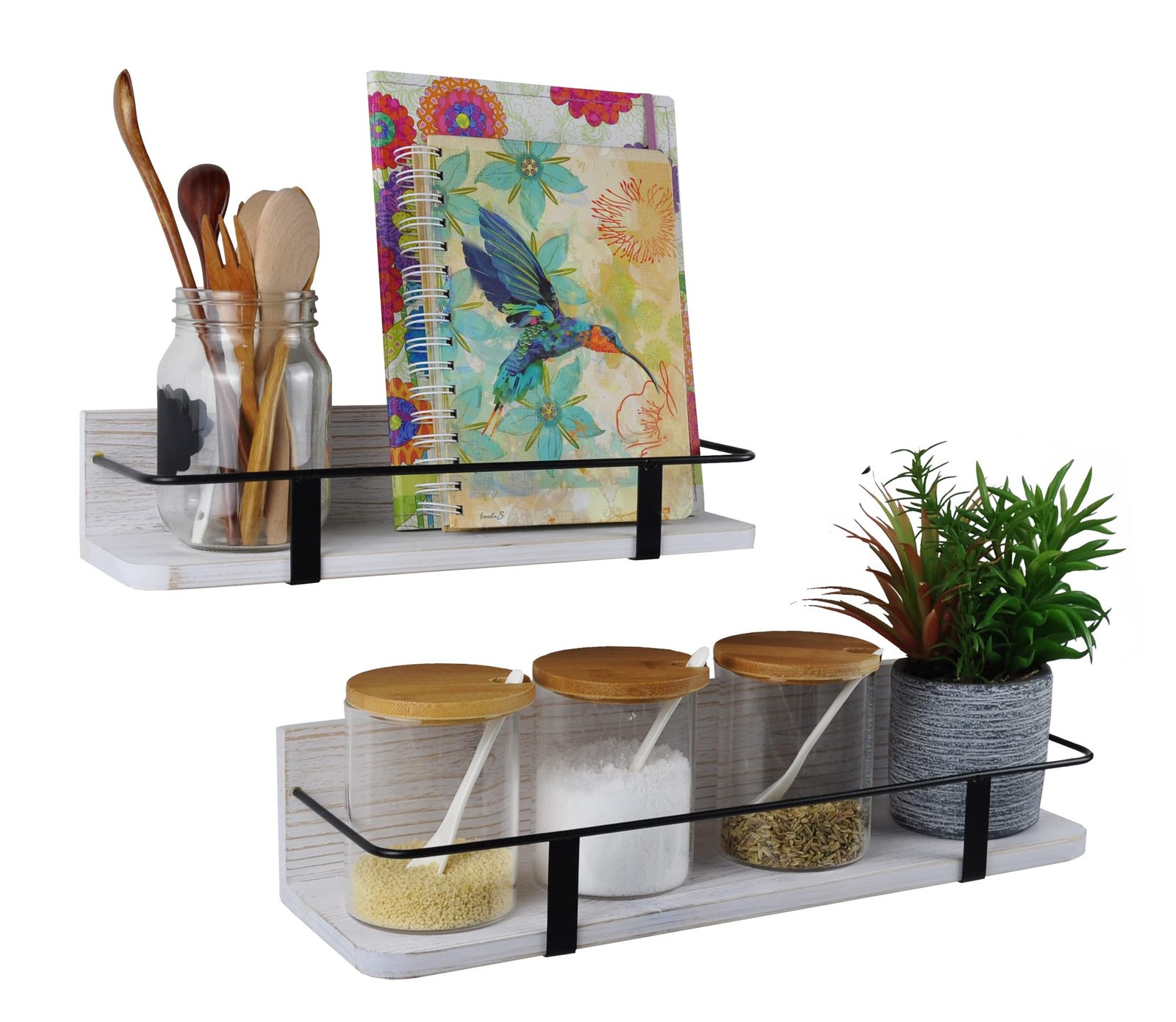 White Rustic Wood Floating RV Shelves Metal Rail 2 PCS Large Small Bathroom