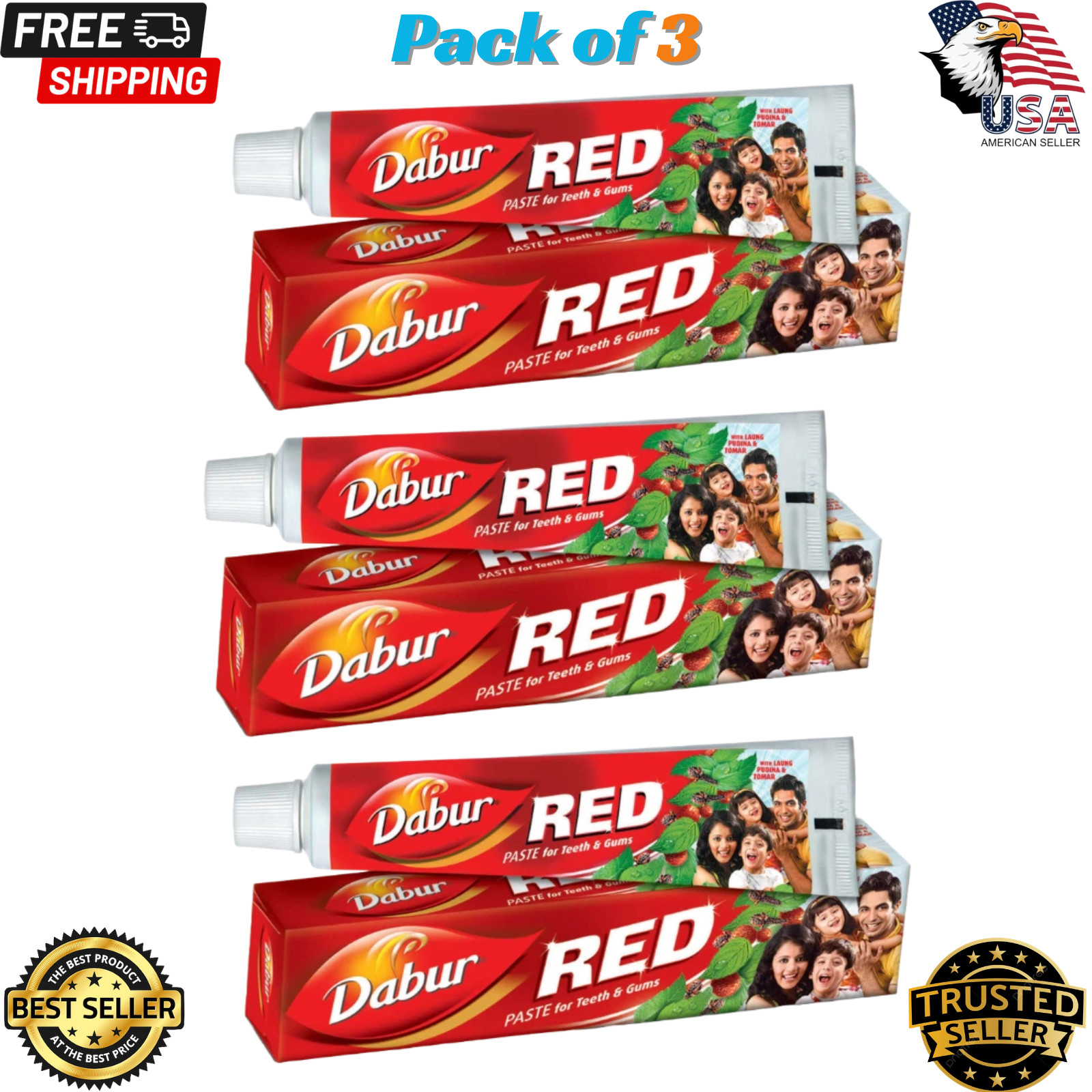 Dabur Red Ayurvedic Herbal Toothpaste - 200g (Pack of 3) Free Shipping