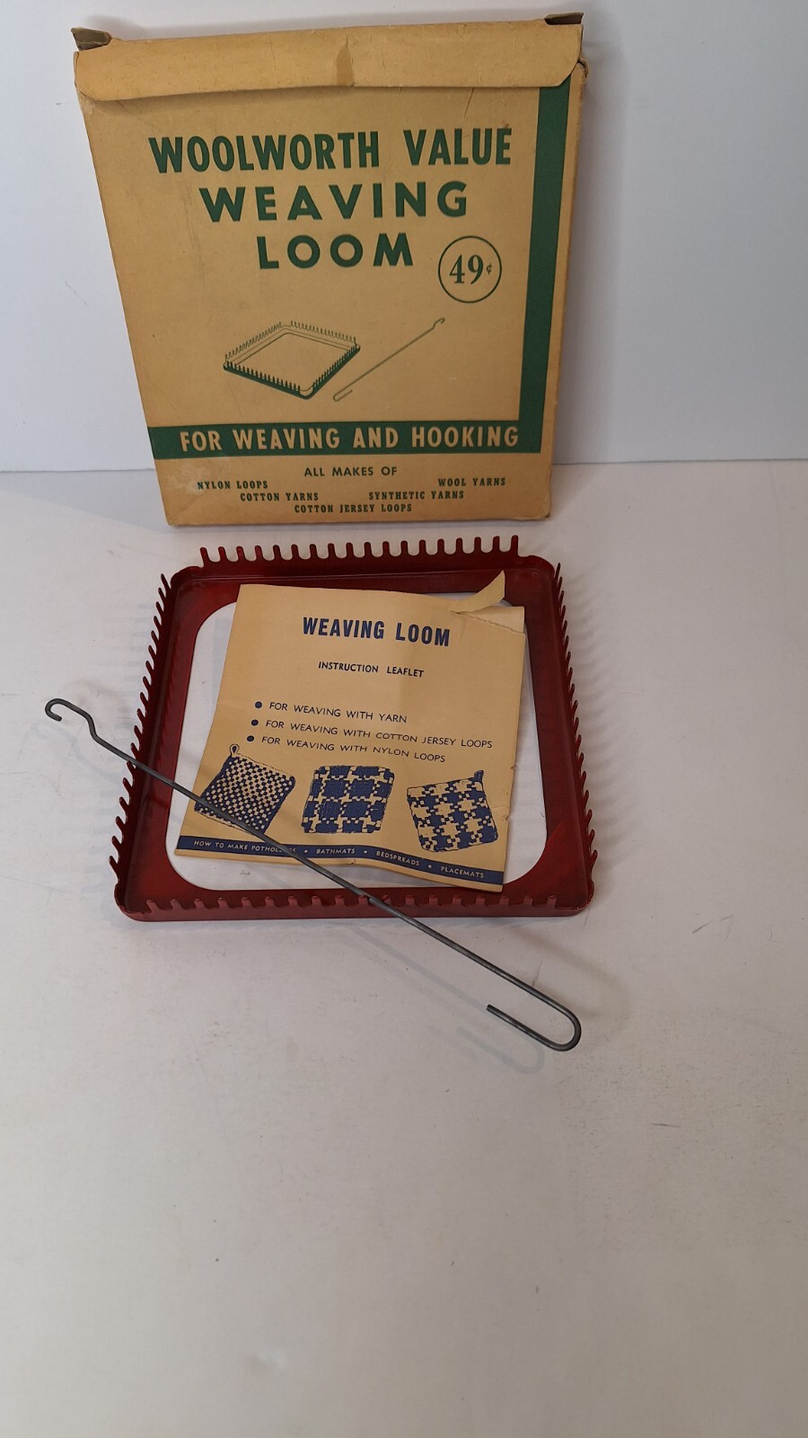 WEAVING LOOM 1940's 1950s Woolworth Value 7" Metal w/ Hook Instructions Box Vtg