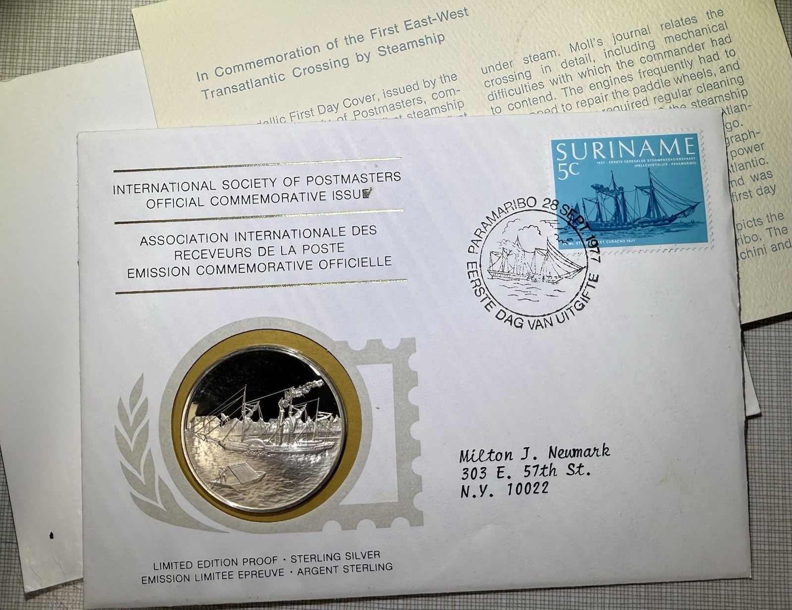 1977 Society Of Postmasters Steamship EU-SouthAM Silver Proof Medal In Envelope