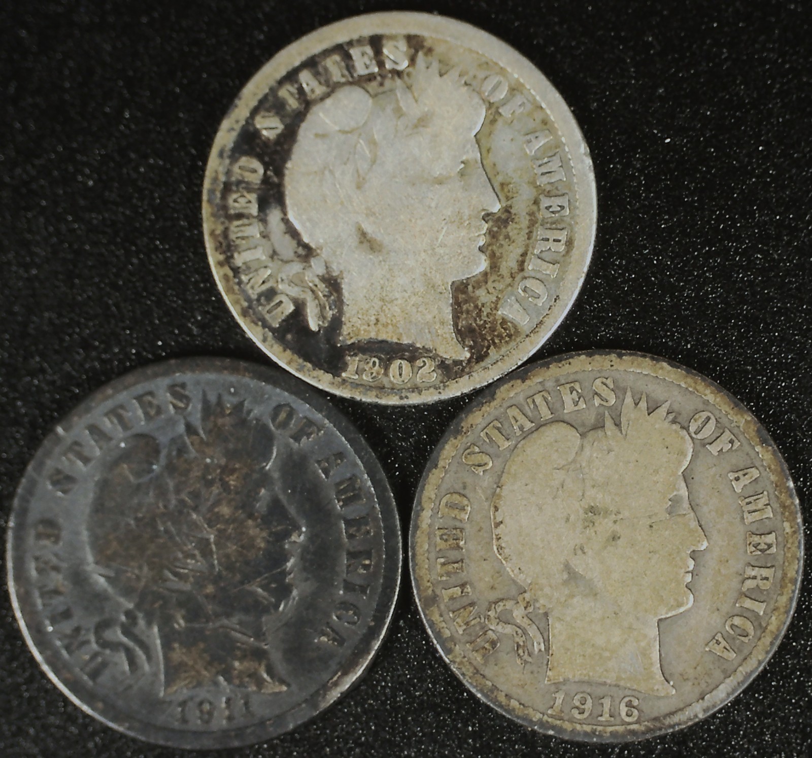 LOT OF Three (3) BARBER DIMES , 90 % SILVER! 1902 1911-D 1916