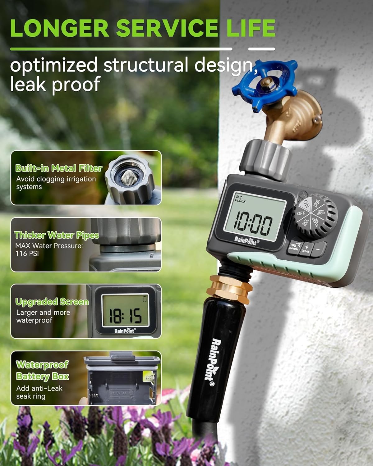 RAINPOINT Programmable Hose Timer Garden Watering System Sprinkler Timer Rain De