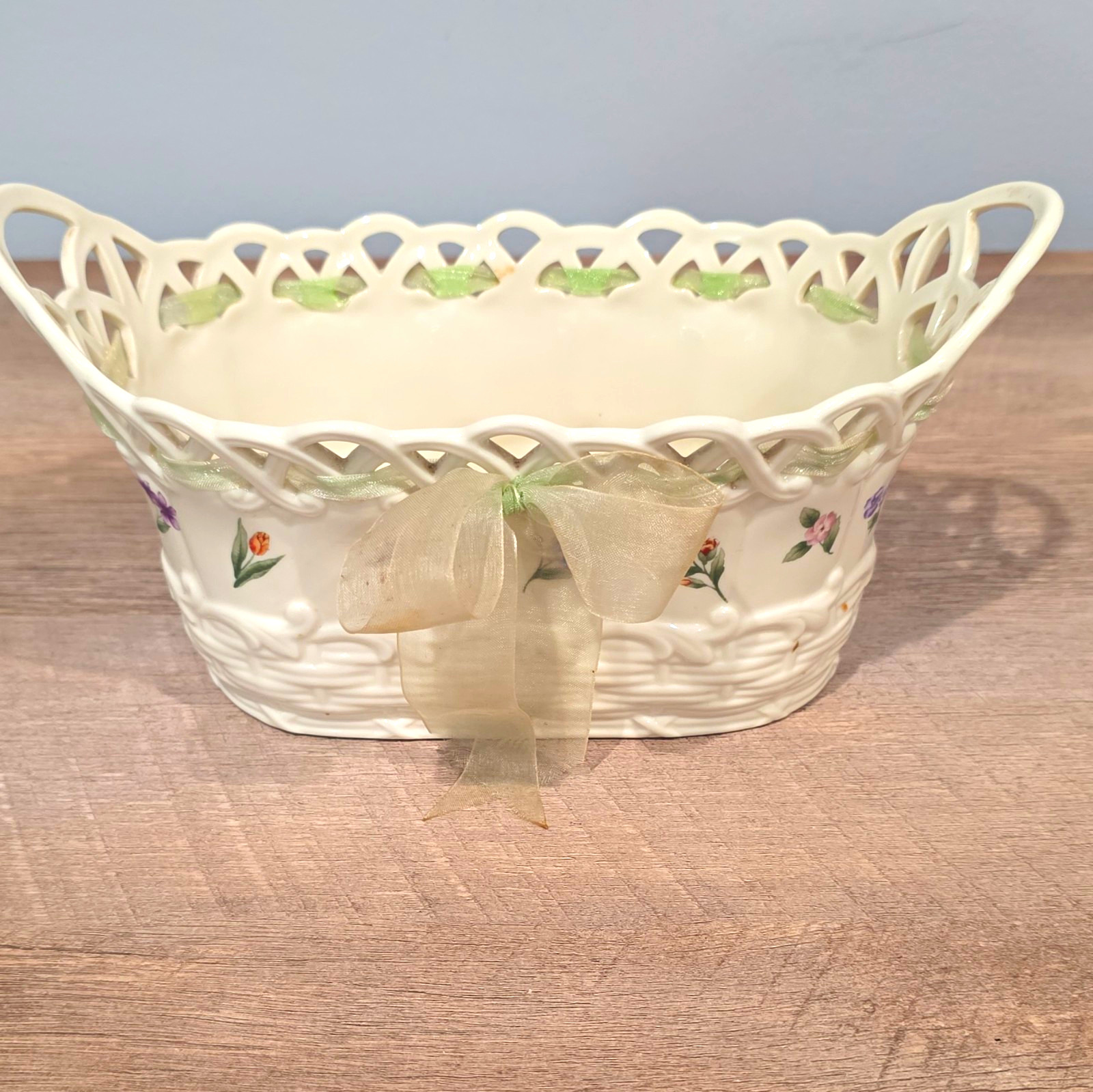 Lenox Posy Baskets Porcelain Rectangular Basket w/ Handles, Ivory Floral, 1