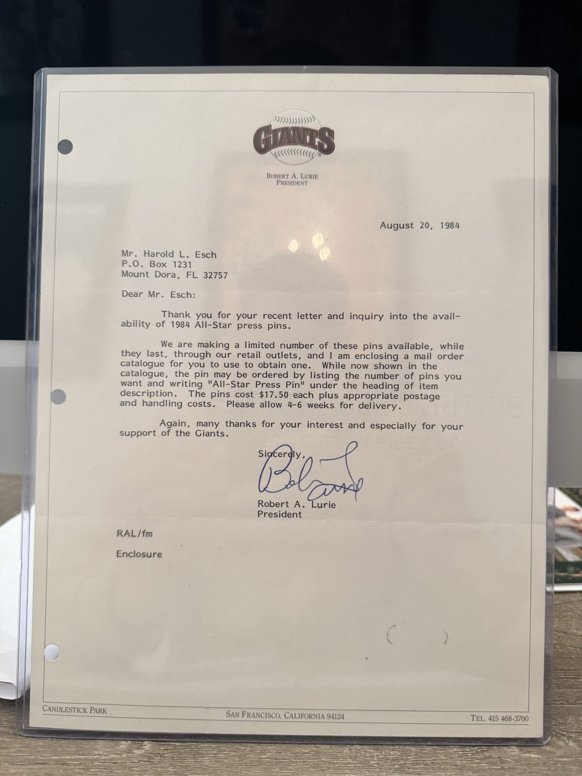 Bob Lurie Autographed Giants Letter