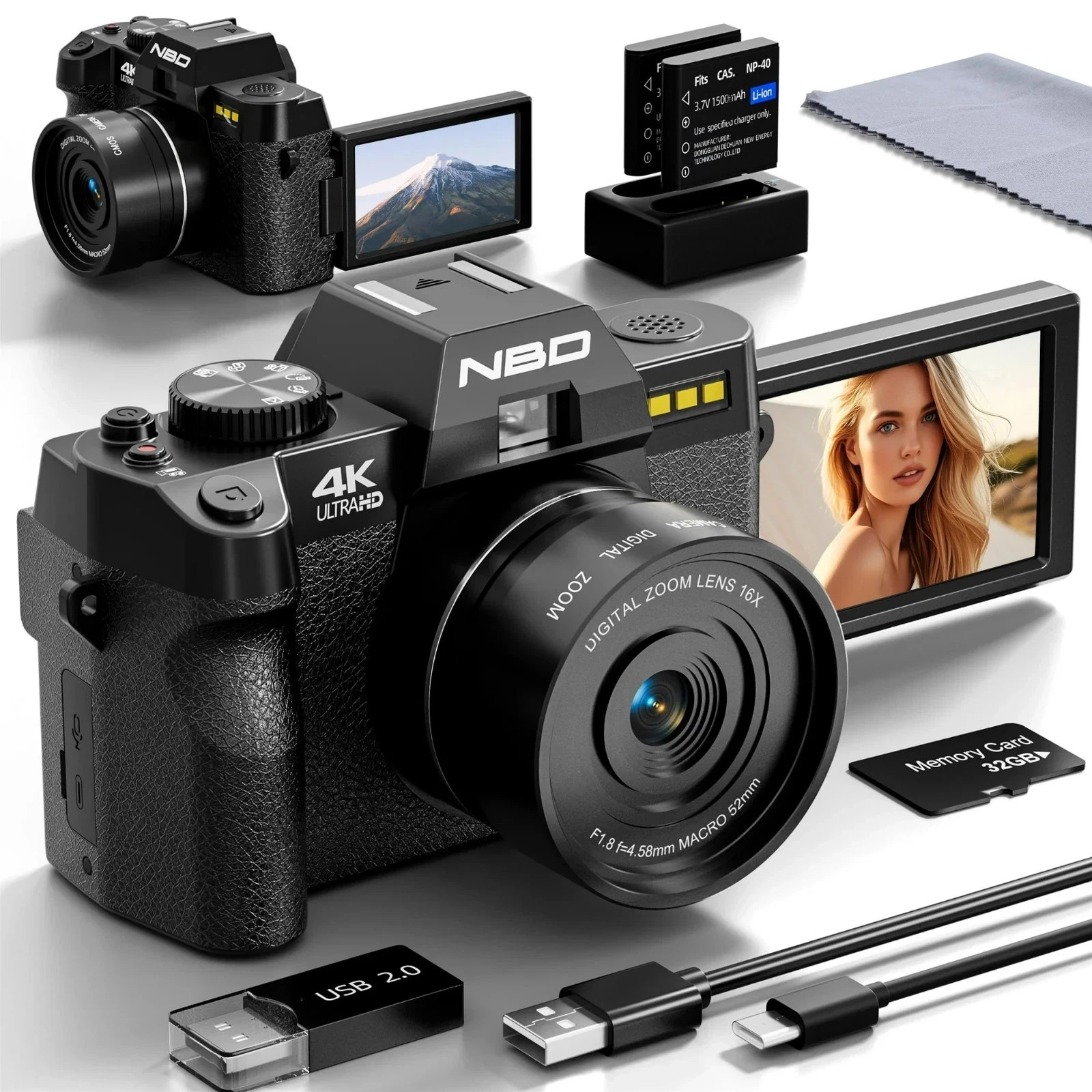 NBD Digital Camera 4K 48MP Compact Vlogging Video Camera for Beginner w/ 32GB TF
