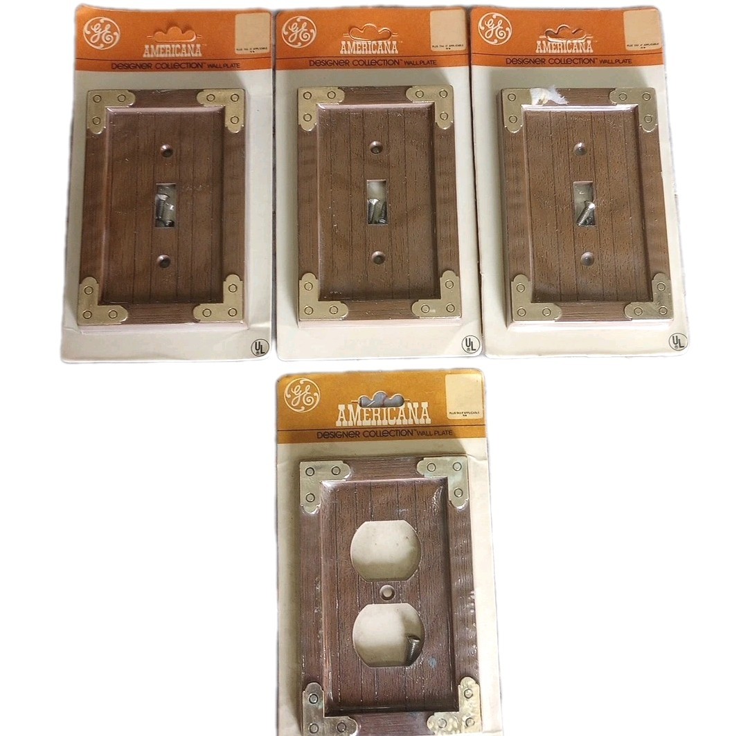 NOS 1981 GE Americana Collection 3 Switch Plates & 1 Outlet Cover Faux Wood