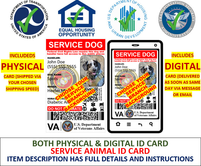 SERVICE DOG ID CARD MILITARY VETERAN  1 SIDE ONLY PHYSICAL & DIGITAL CARD