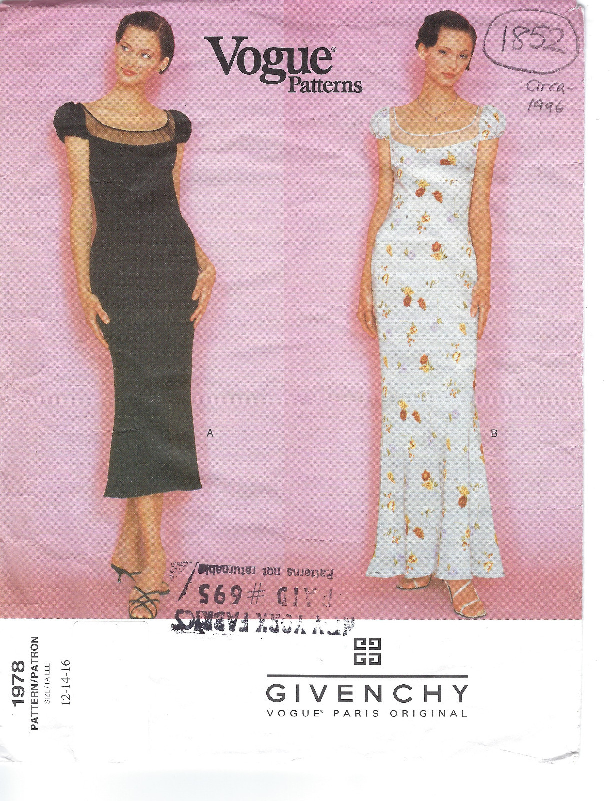 1996 Vintage VOGUE Sewing Pattern B34-36-38 DRESS (1852) Givenchy John Galliano