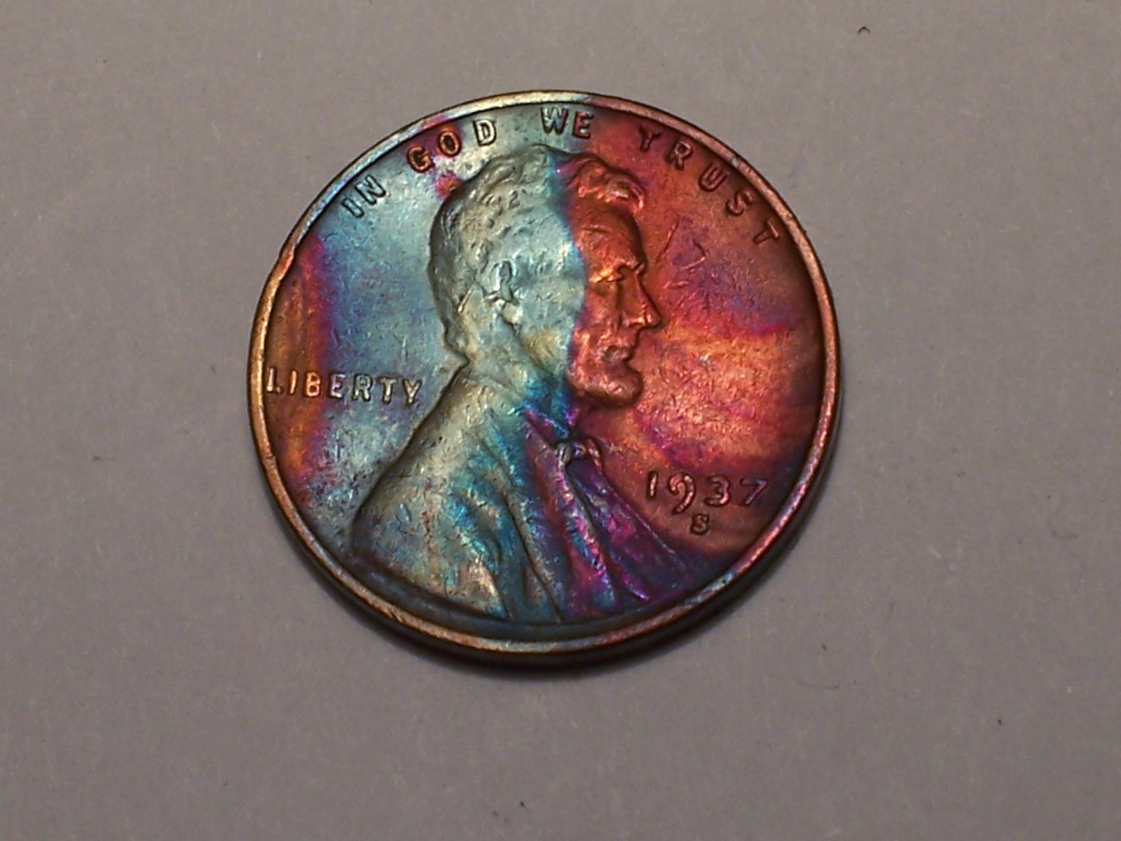 1937-S  @  Stunning"  Red and blue  colors on this old Lincoln Penny. 379