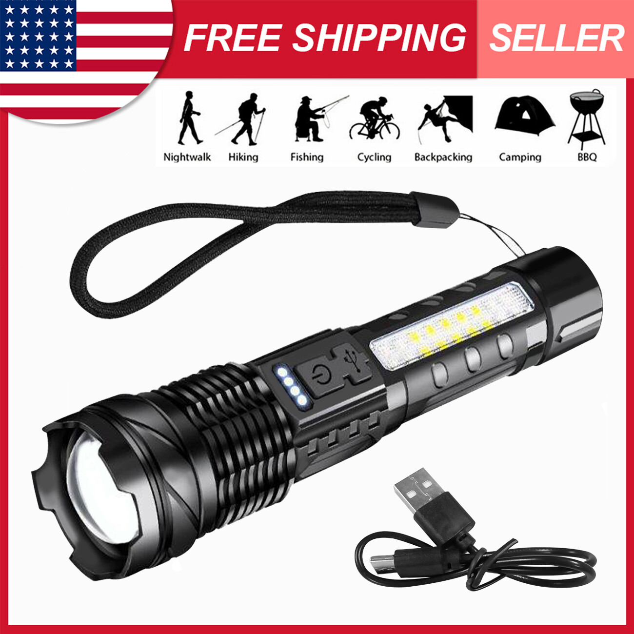 LED Super Bright Flashlight Rechargeable Torch Tactical Lamp USB+ Battery