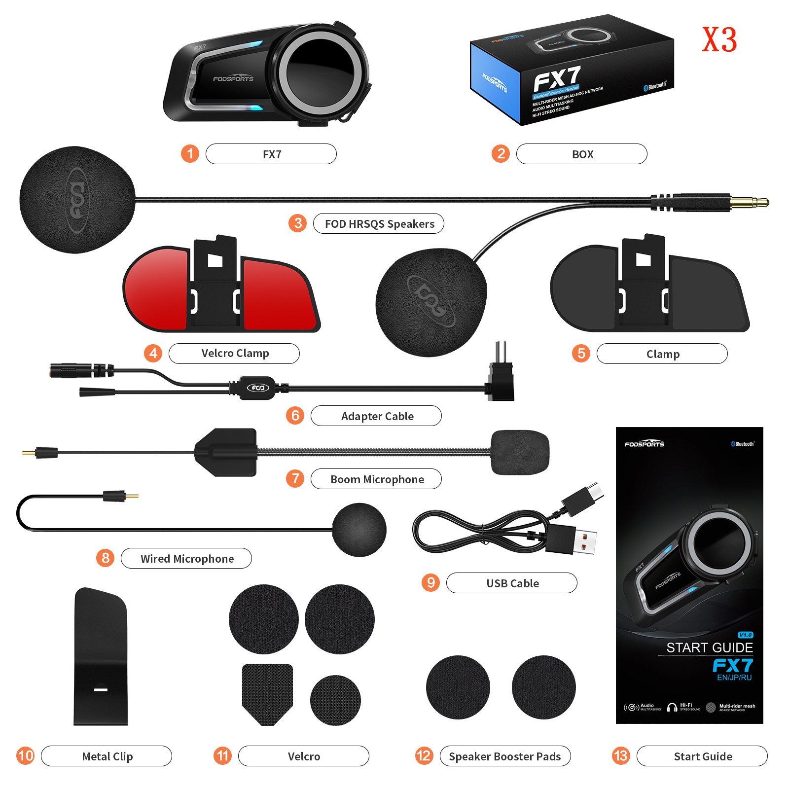3x FX7 Motorcycle Bluetooth Headset Helmet Intercom 10 Riders Communication MESH