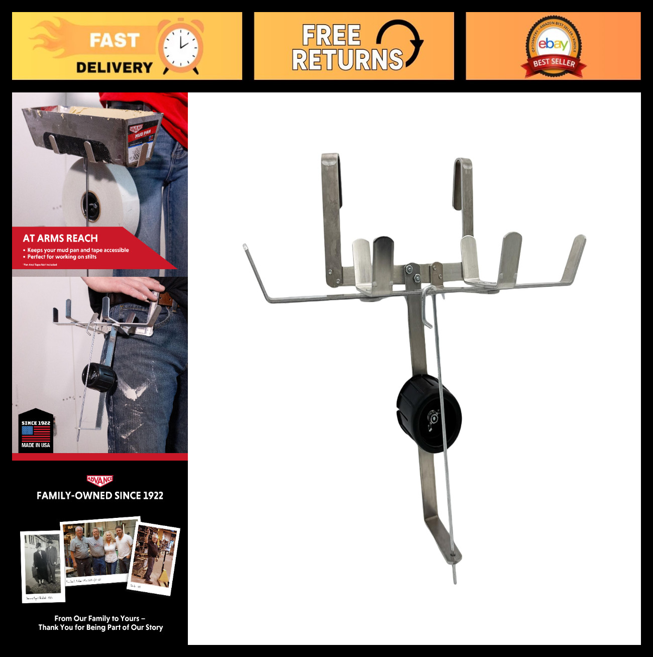 Adjustable Drywall Mud Pan Holder & Tape Spool | Hands-Free Taping Tool | USA Ma