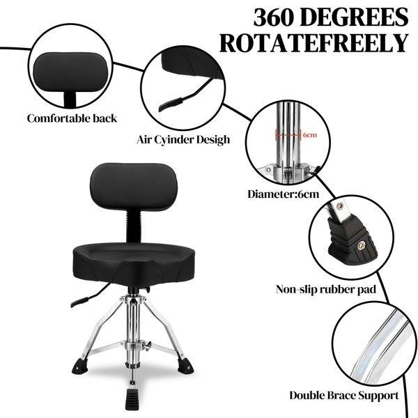 Drum Throne w/ Backrest Hydraulic Adjustable Height Stool Saddle Seat