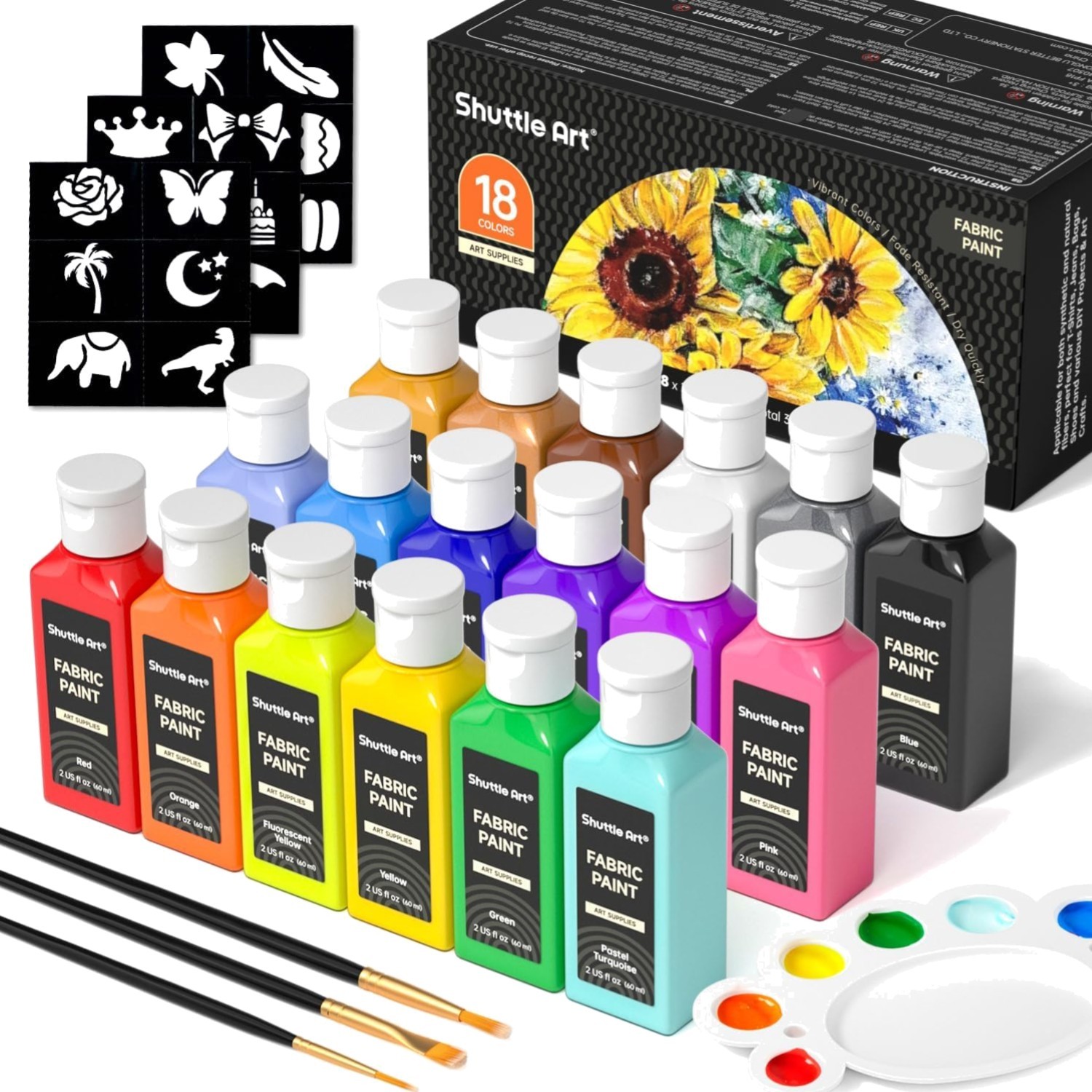 Fabric Paint, 18 Colors Permanent Soft Fabric Paint in Bottles 60ml/2oz with ...