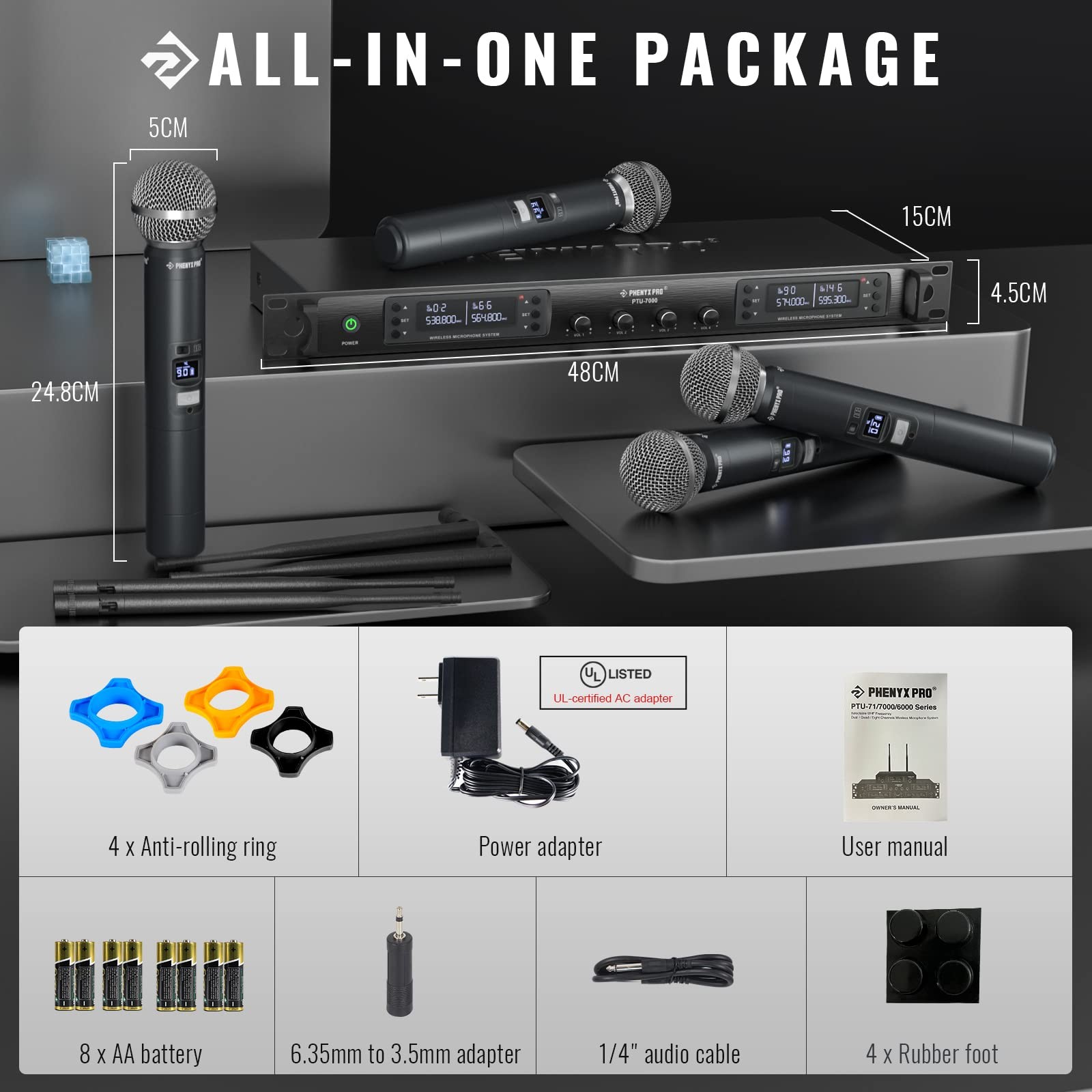 Phenyx Pro Wireless Microphone System, Quad Channel PTU-7000-4H, Black