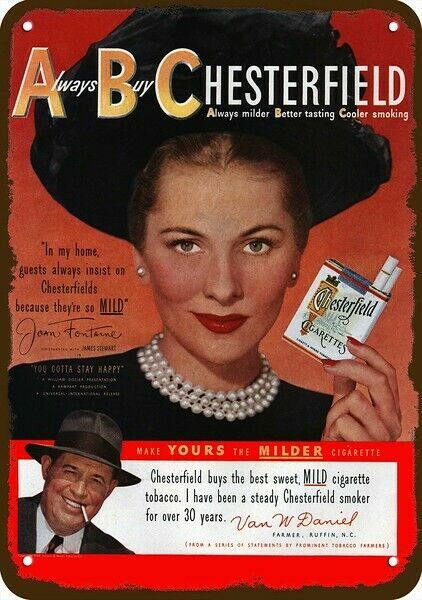 1949 Joan Fontaine Smokes CHESTERFIELD Cigarettes DECORATIVE REPLICA METAL SIGN