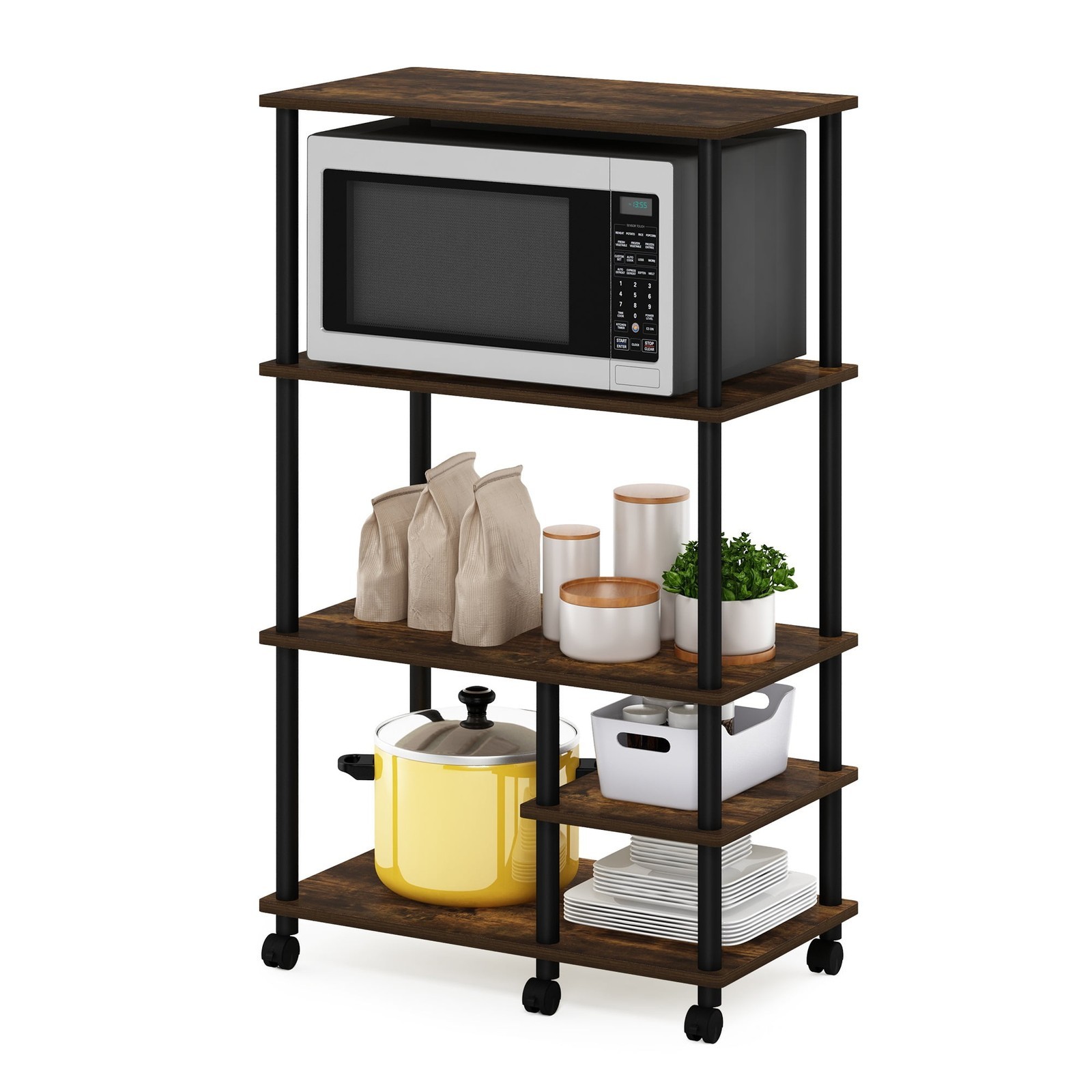 Turn-N-Tube 4-Tier Toolless Kitchen Storage Shelf Cart Amber Pine/Black
