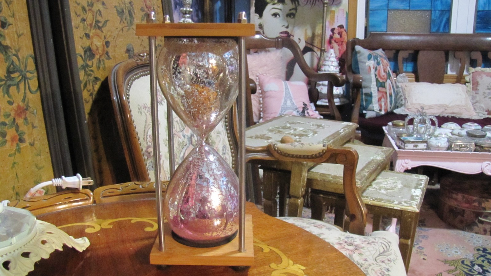 Vintage Rare Sand Hourglass Silver & Glass Wood Base Fushia Pink Sand
