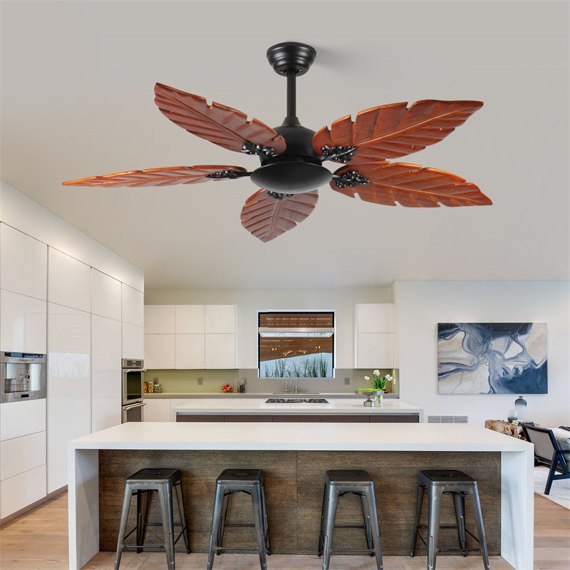 52" Tropical Ceiling Fan No Light 5 Solid Wood Palm Leaf Blade Reversible