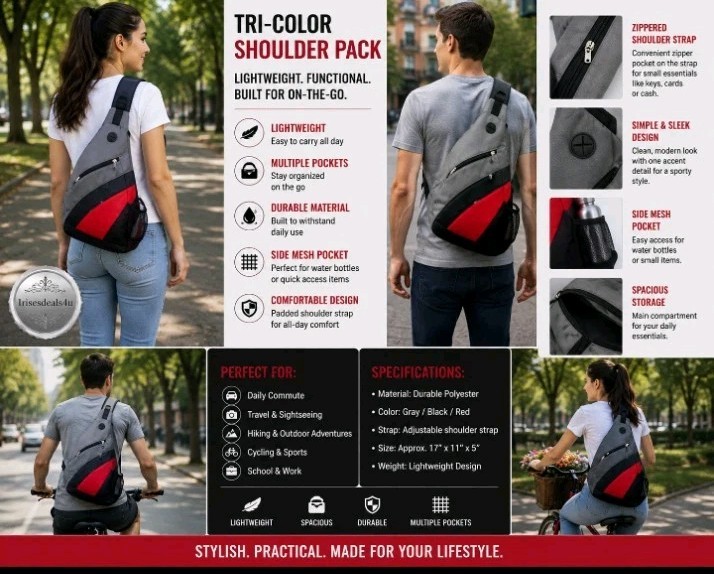 Sling Backpack Black/Gray Adjustable Strap Zip Closure 5 External Pockets