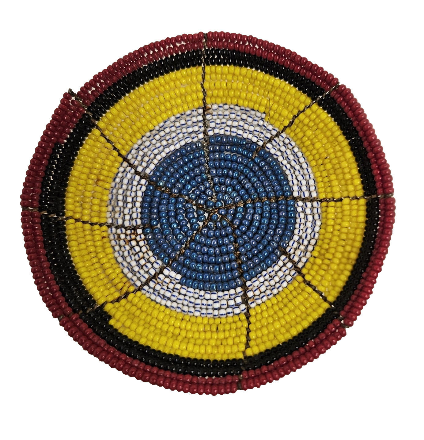 Handmade Woven Basket Multi-Colored Threaded Pattern -3 1/4" Across, 1" Depth
