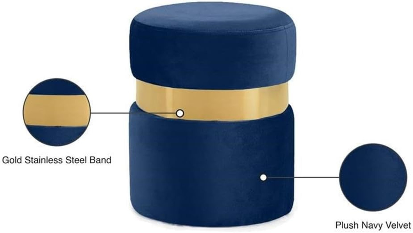Navy Velvet Ottoman with Stainless Steel Band - Modern Contemporary Style
