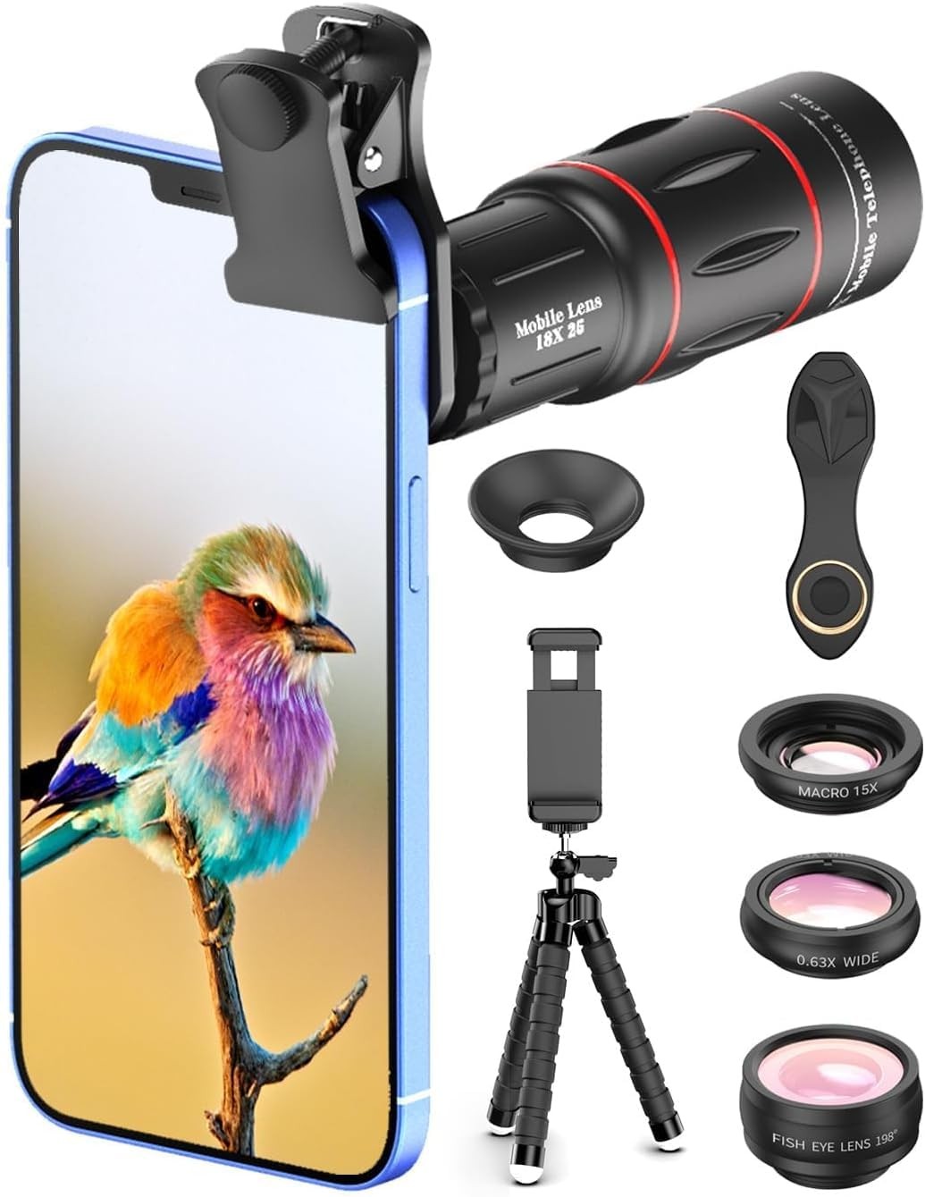 APEXEL 4 in 1 Phone Photography Kit, 18X Telephoto Lens, 198° 18X, Black