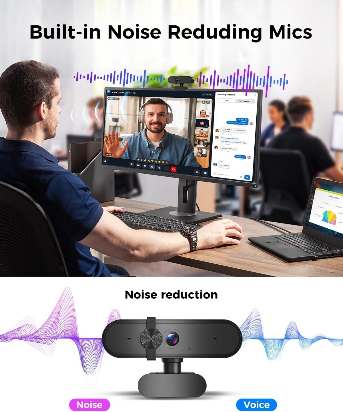 1080P Webcam Computer Camera with Microphone & Wide View - Auto Light Correction