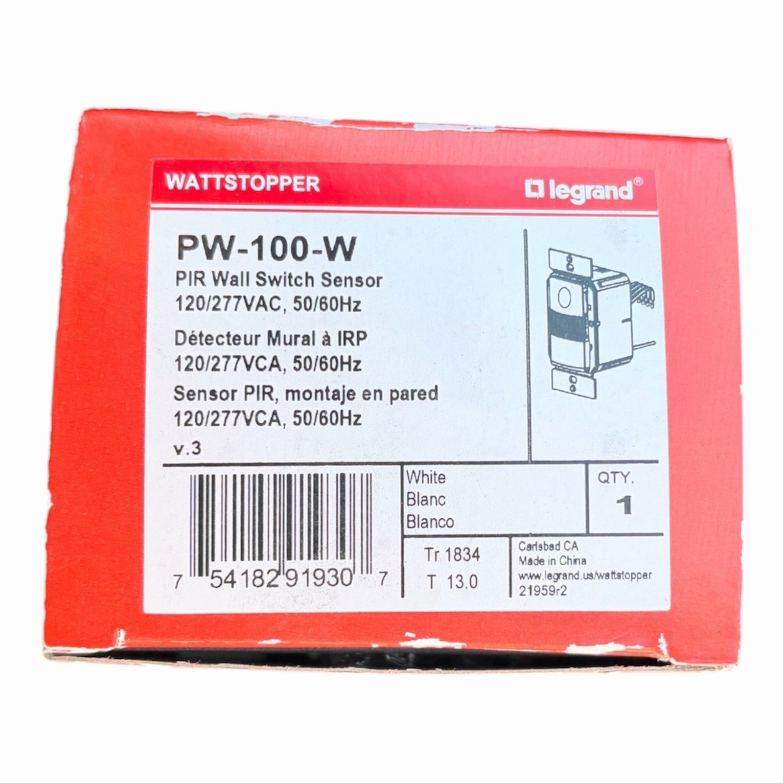 Legrand WattStopper PW-100-W PIR Sensor Wall Switch Brand New In Box