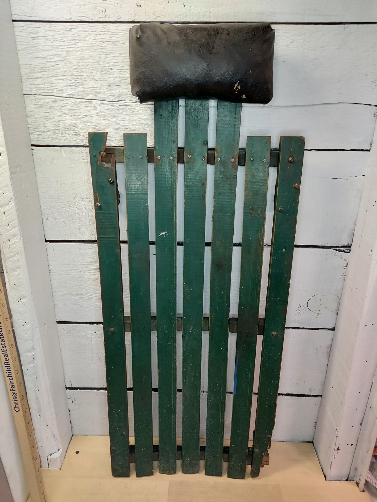 Vintage Wooden Mechanics Creeper Cast Wheels Leather Headrest Green Wooden Slats