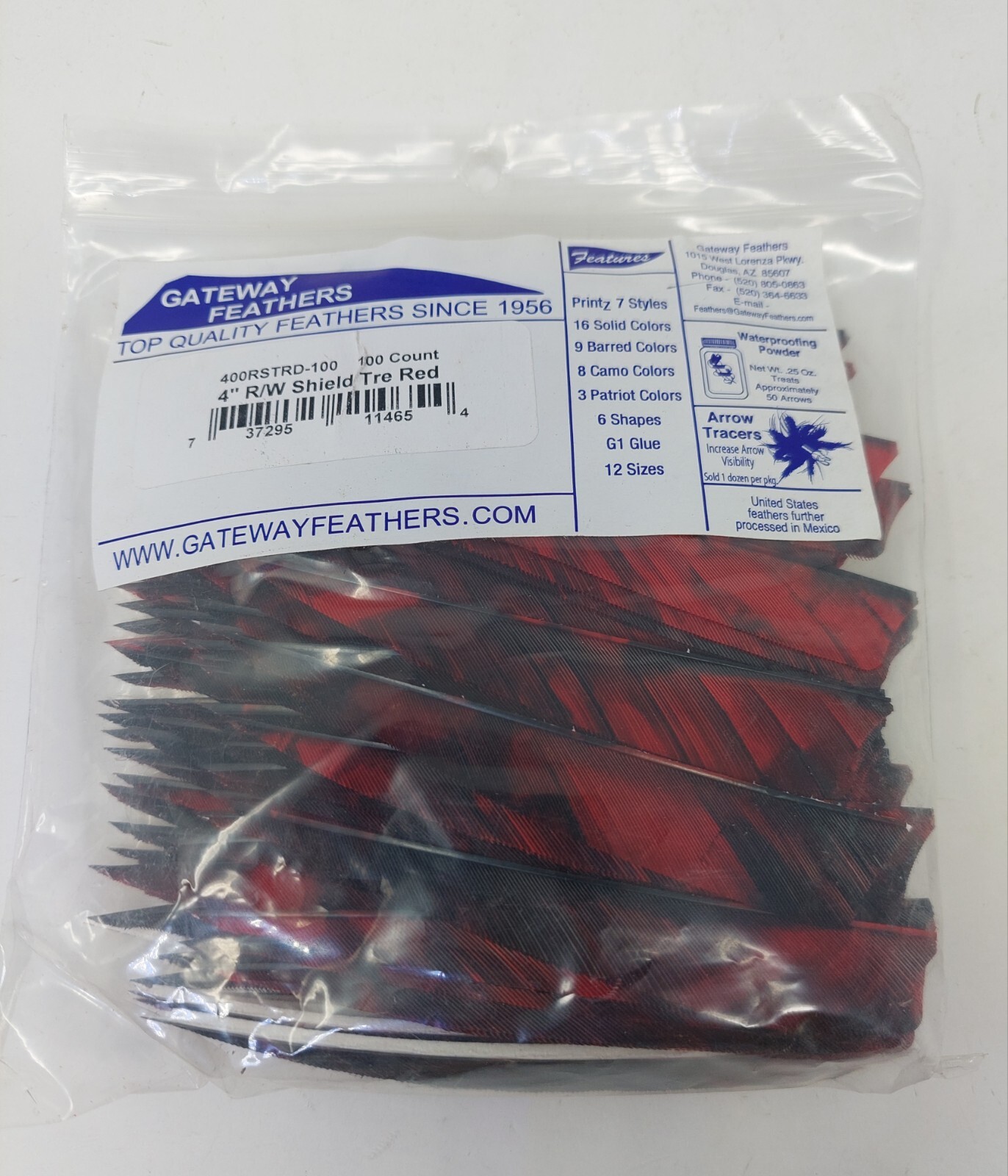 100pk Gateway Feathers 4" Right Wing: Shield Tre Red 400RSTRD-100