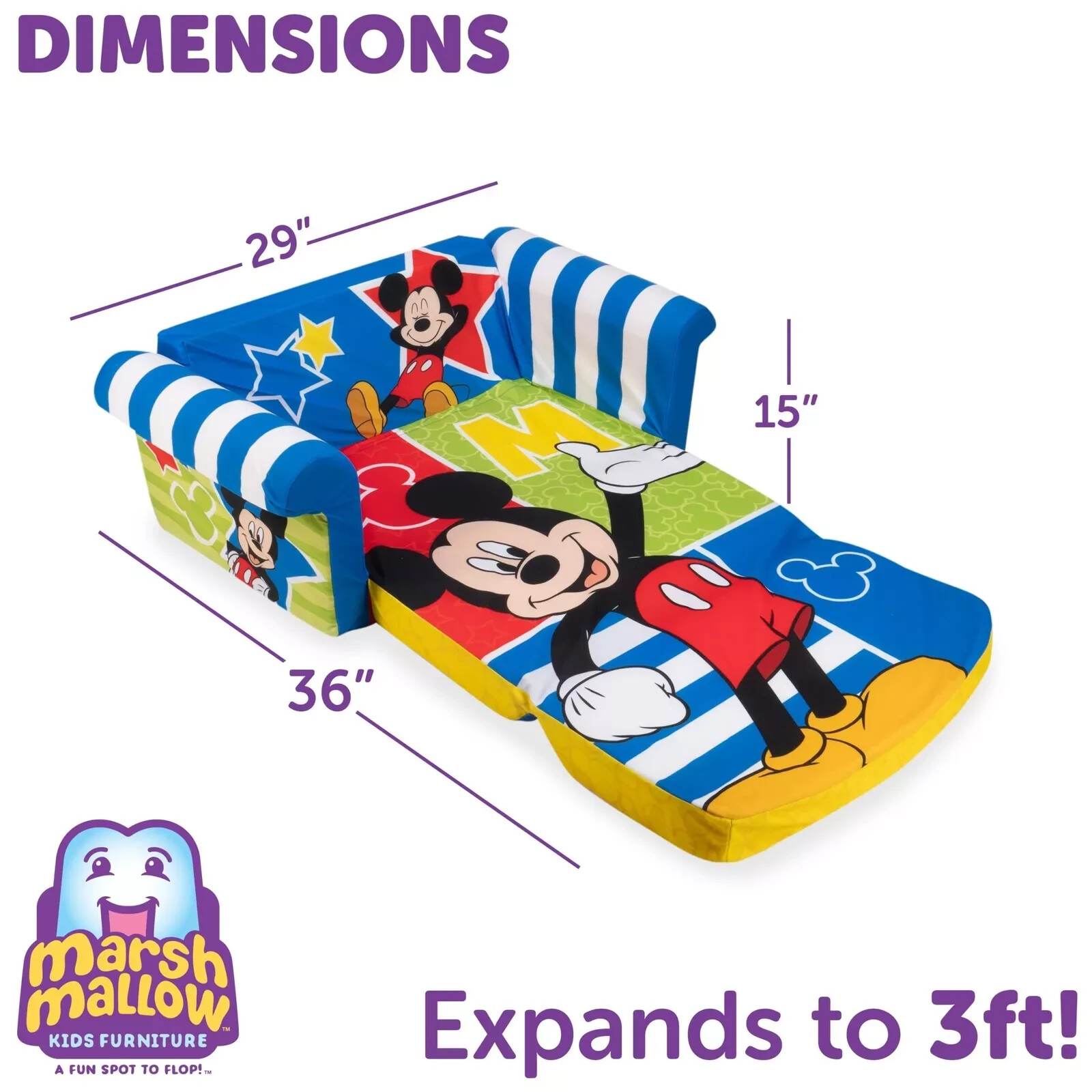 MARSHMALLOW Furniture Kids Sofa, 2-in-1 Flip Open Foam Couch and Bed Mickey ...