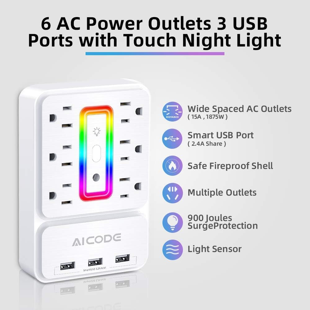 Surge Protector Power Strip with 6 Outlets, 3 USB Ports & RGB Ambient Light