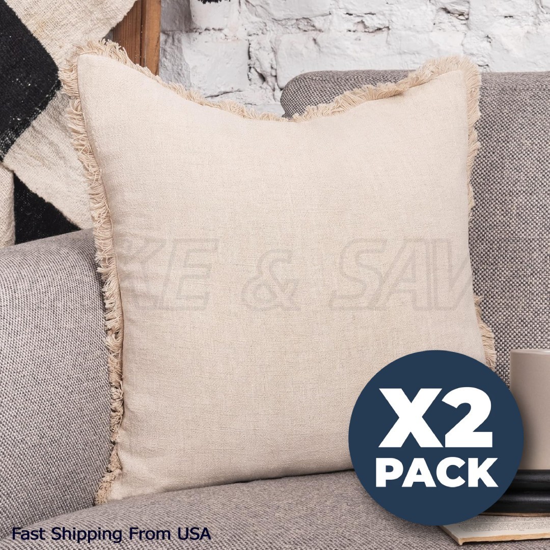 Set of 2 Linen Throw Pillow Covers Trimmed Cushion Covers 20 x 20 Inch Farmhouse