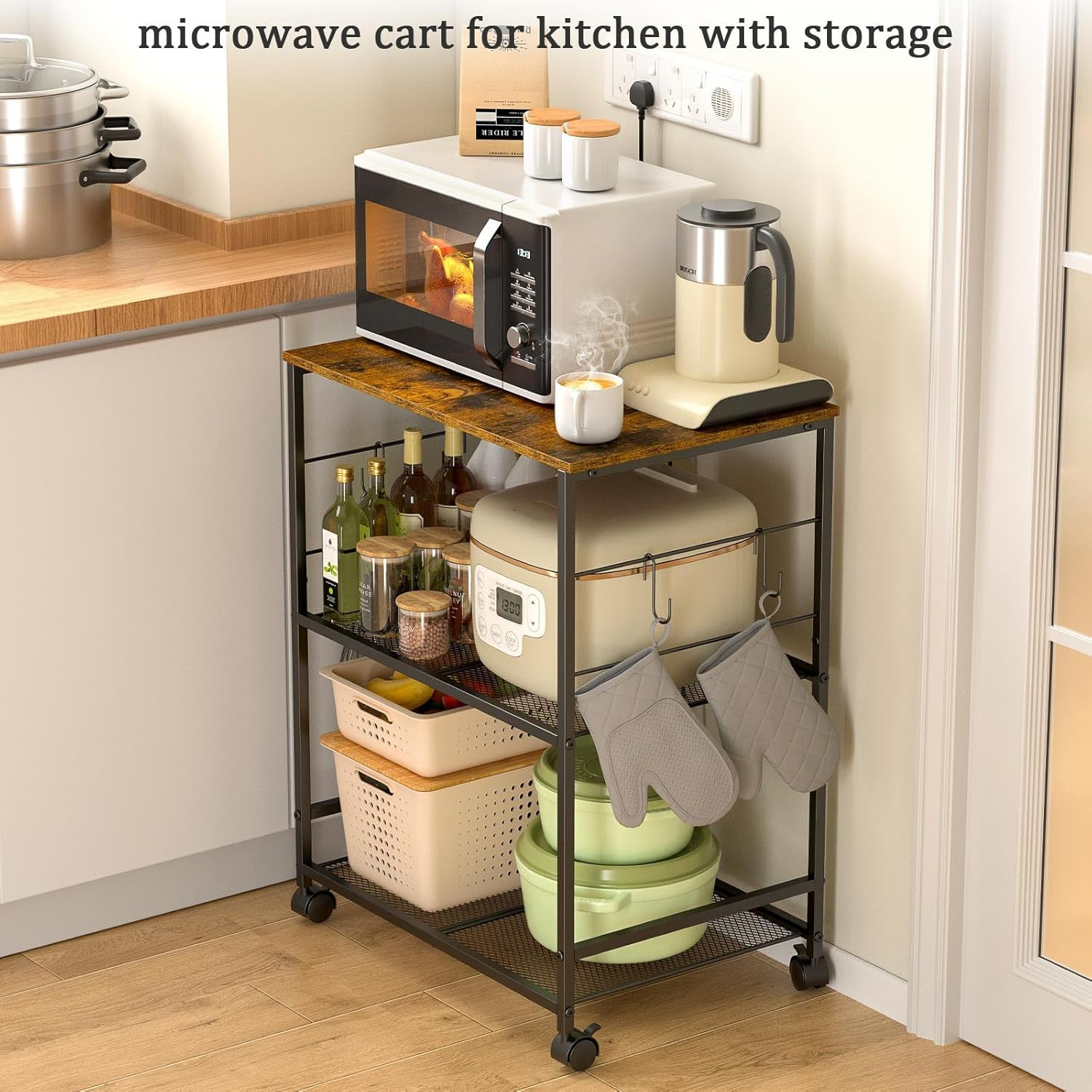 Rolling Kitchen Microwave Cart, 3 Tier Microwave Table Stand with Storage, Kitch