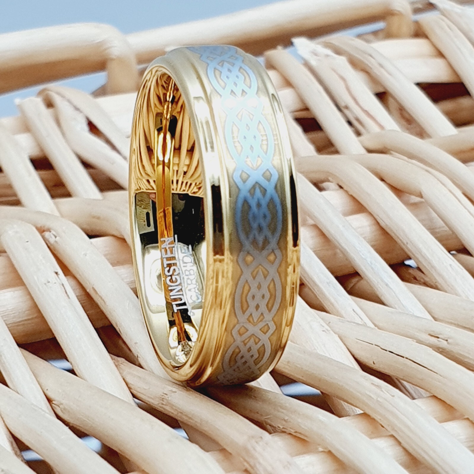 Yellow Gold Tungsten Promise Band Celtic Knot Inlay Luxury Unisex Wedding Ring