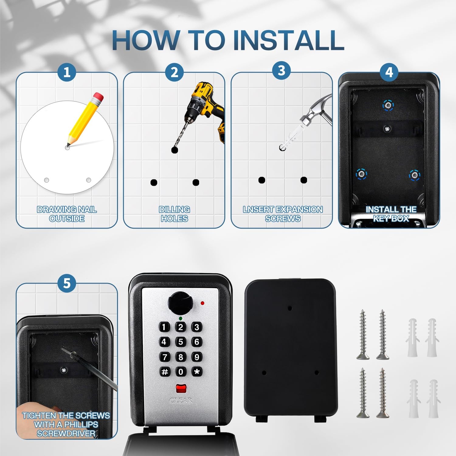 Combination Lock Key Box 12 Digit Resettable Wall Mount Large Capacity