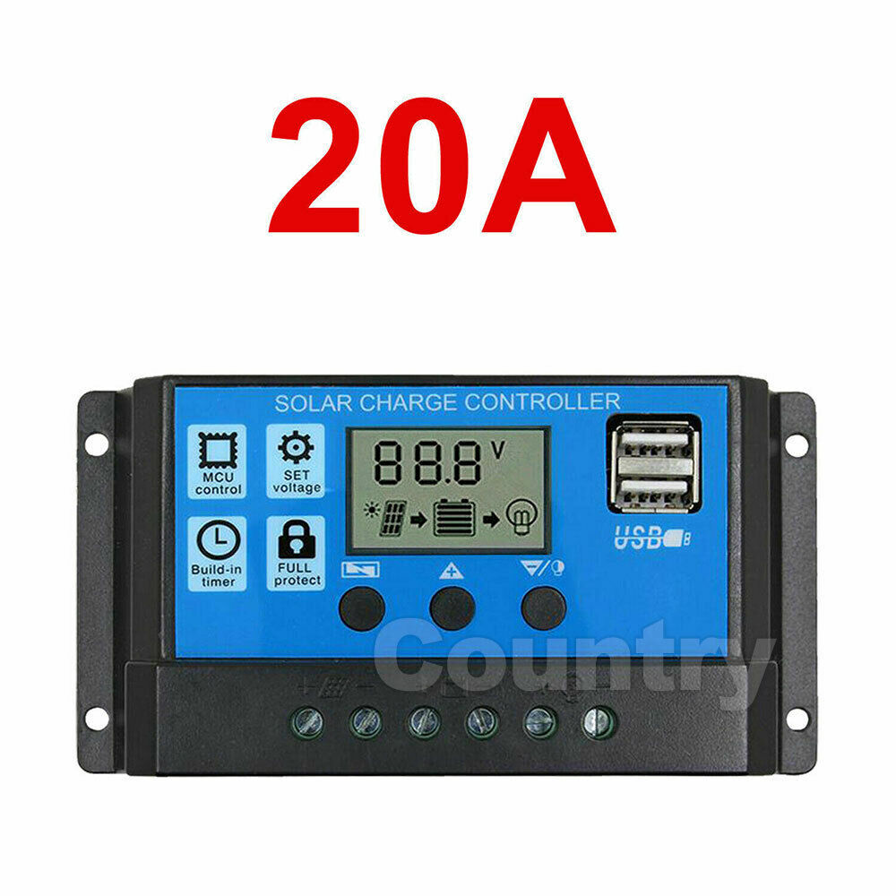 Dual USB 10/20/30A Amp 12V/24V Solar Panel Regulator Charge Controller Battery