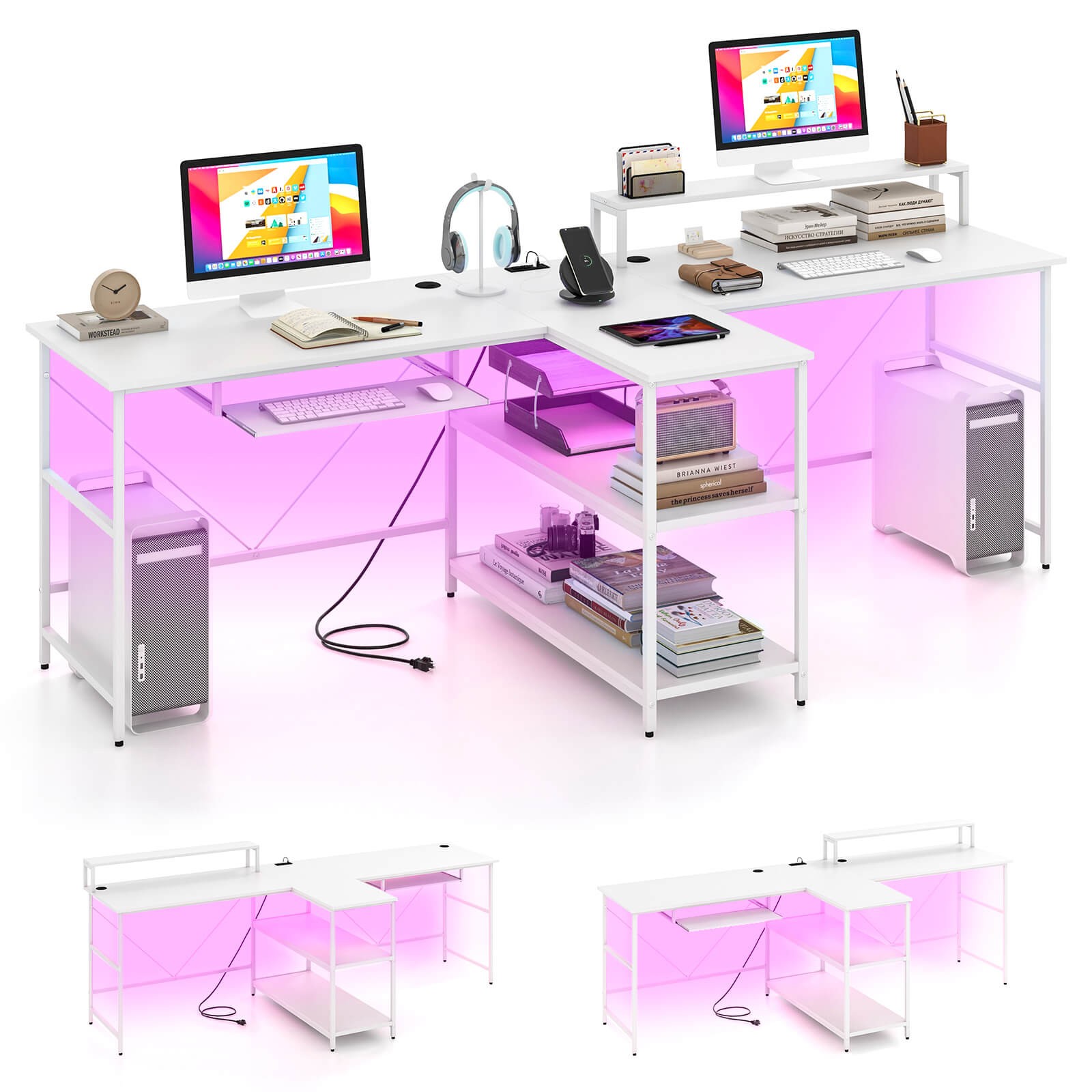 94.5" Long Office Desk 2-Person Reversible Computer Desk with LED Lights