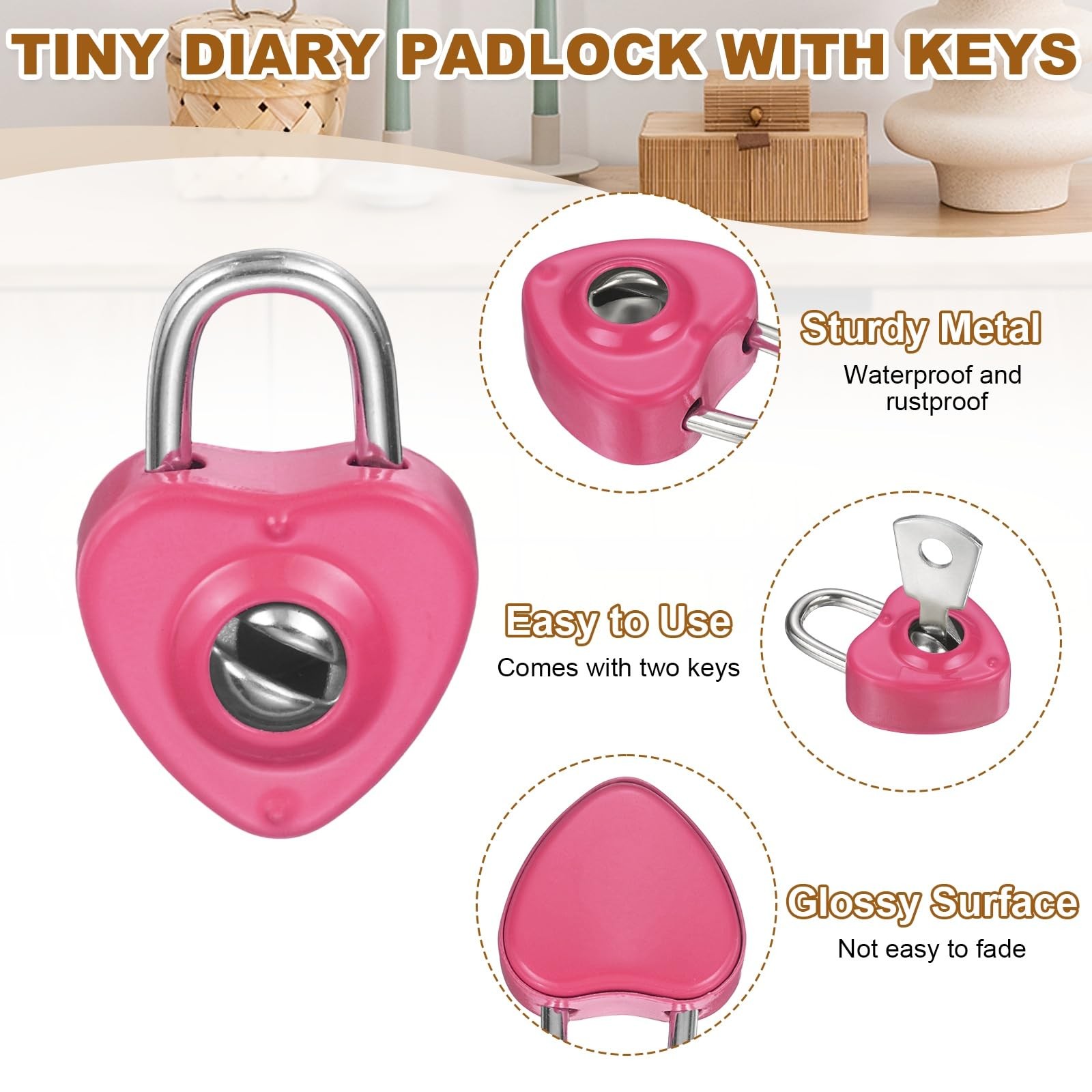 6Pcs Mini Diary Padlock, Small Metal Heart Shaped Lock Mini Keyed Padlocks wi...
