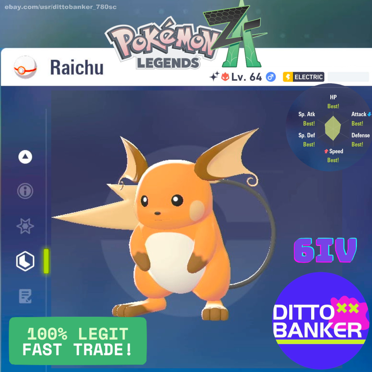 Pokemon Legends ZA✨SHINY RAICHU Lv64 ALPHA Timid/6IV/Male FAST Tradė Ready