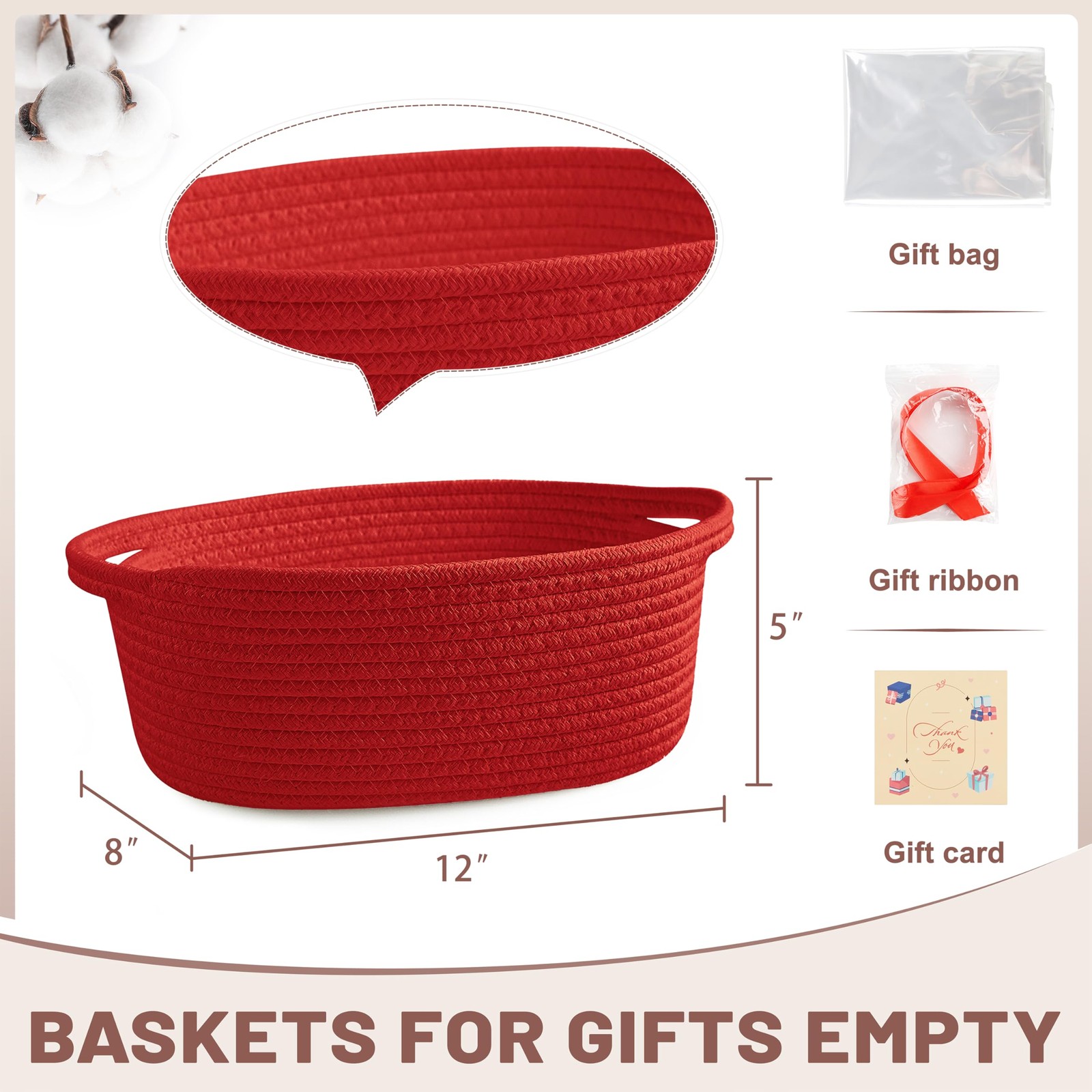 Bufims Small Woven Red Gifts Basket for Storage Empty with Ribbons and Bags D...