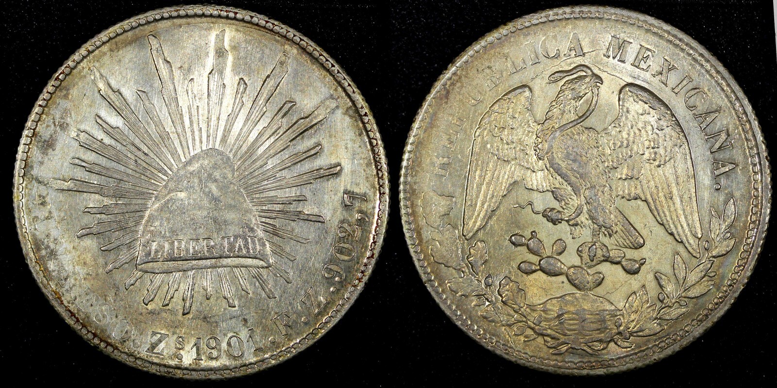 Mexico Silver 1901 ZS FZ  Peso Zacatecas High Grade Luster Toned KM# 409.3 (885)